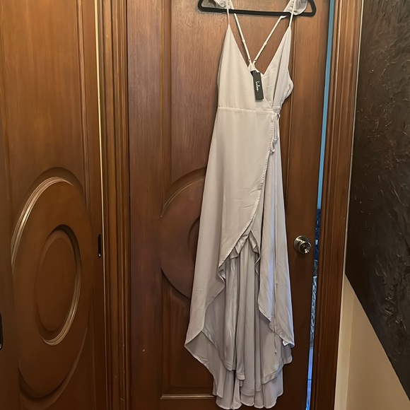 Lulus Dresses & Skirts - Lulu’s light gray formal spaghetti strap flutter, shoulder dress wrap around tie